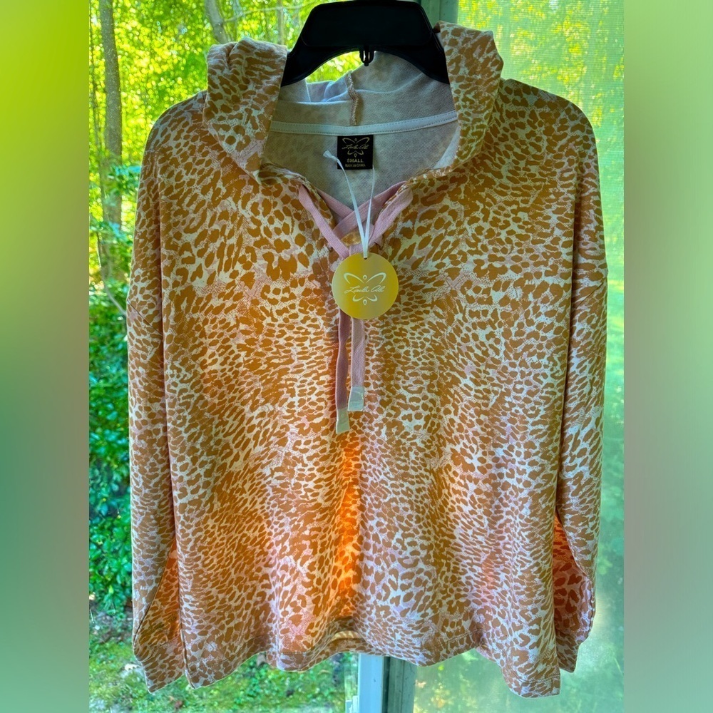 NWT Laila Ali lace up hoodie tan & pink animal print with metallic embro…